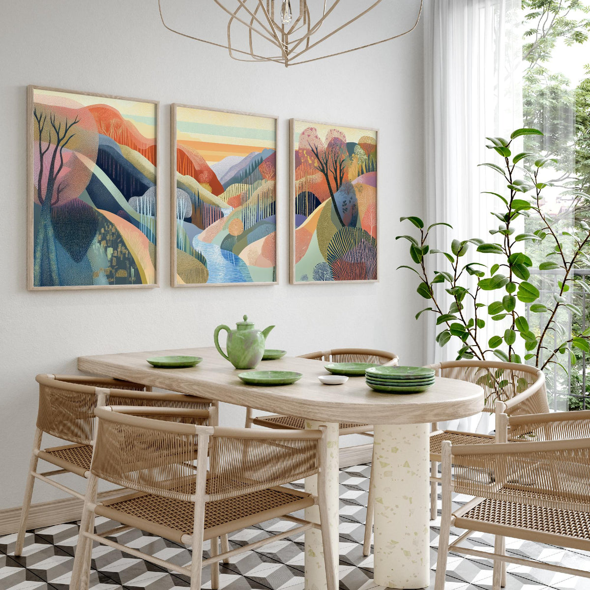 Graphic Landscape Set of Three Art Prints - 3 River Gorge Posters - Folk Art Sunset Painting Wall Art Gift Mountain Nature V5
