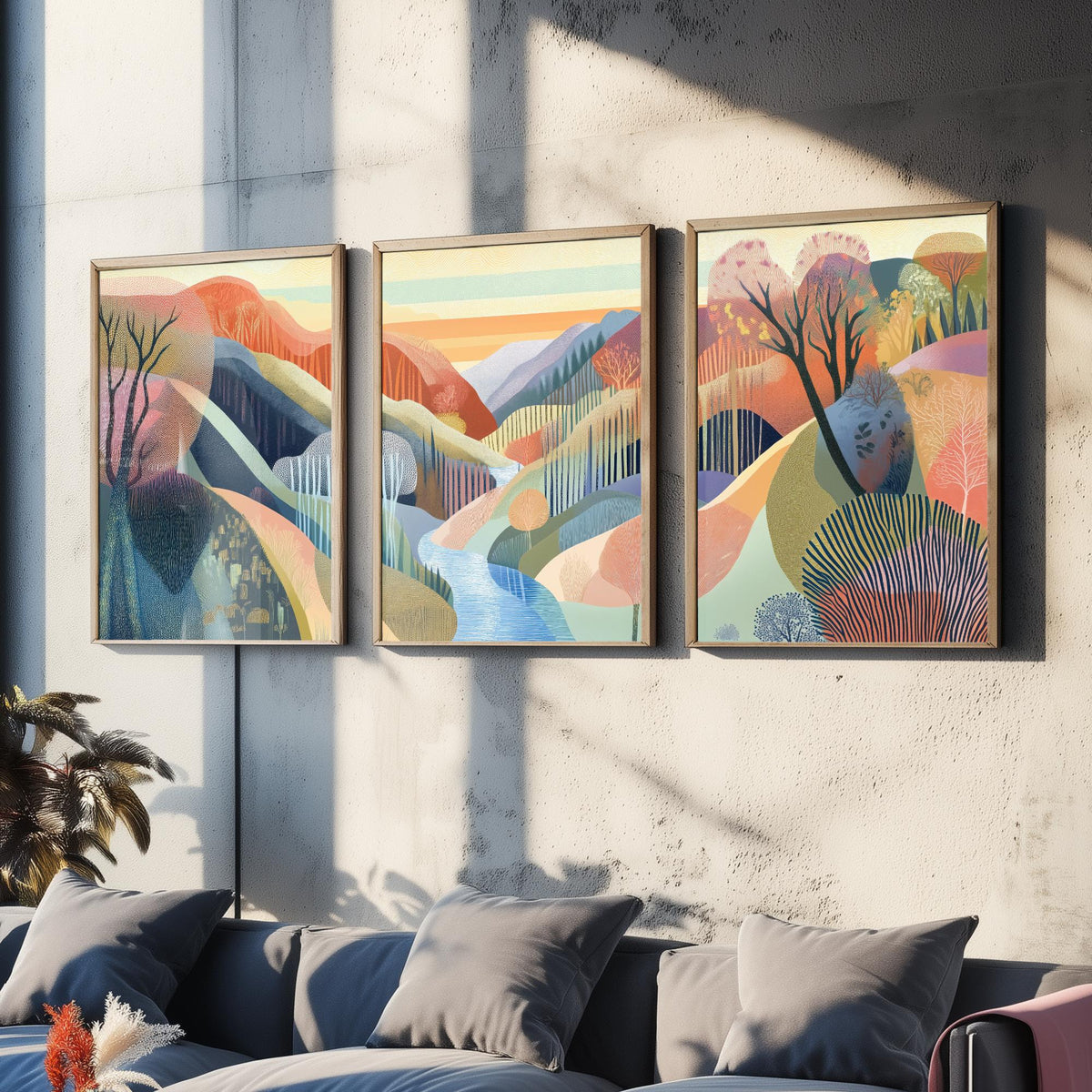 Graphic Landscape Set of Three Art Prints - 3 River Gorge Posters - Folk Art Sunset Painting Wall Art Gift Mountain Nature V5