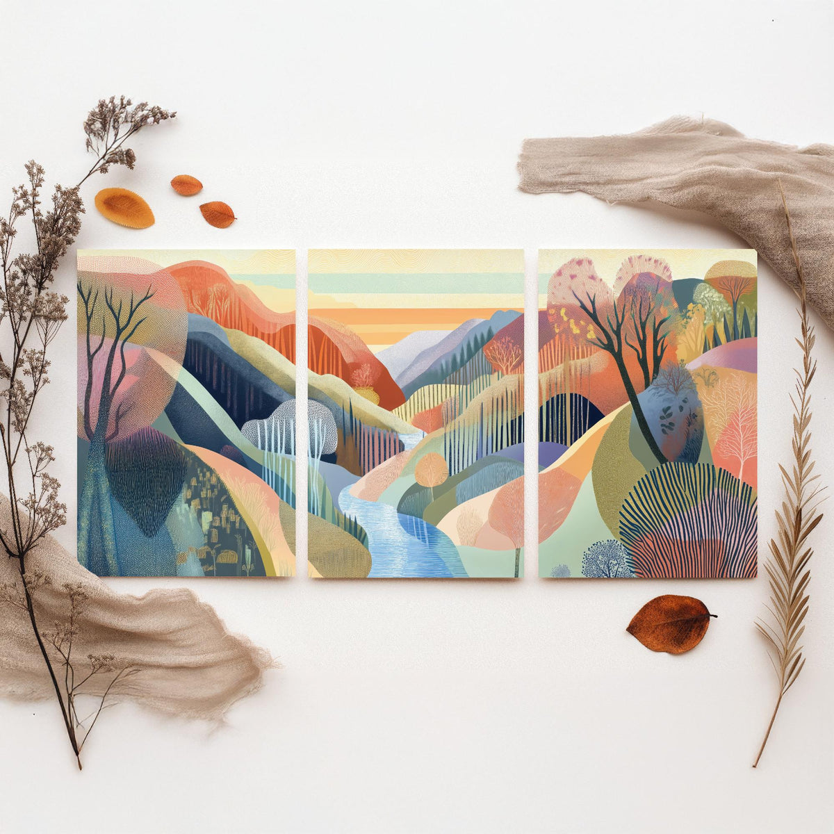 Graphic Landscape Set of Three Art Prints - 3 River Gorge Posters - Folk Art Sunset Painting Wall Art Gift Mountain Nature V5
