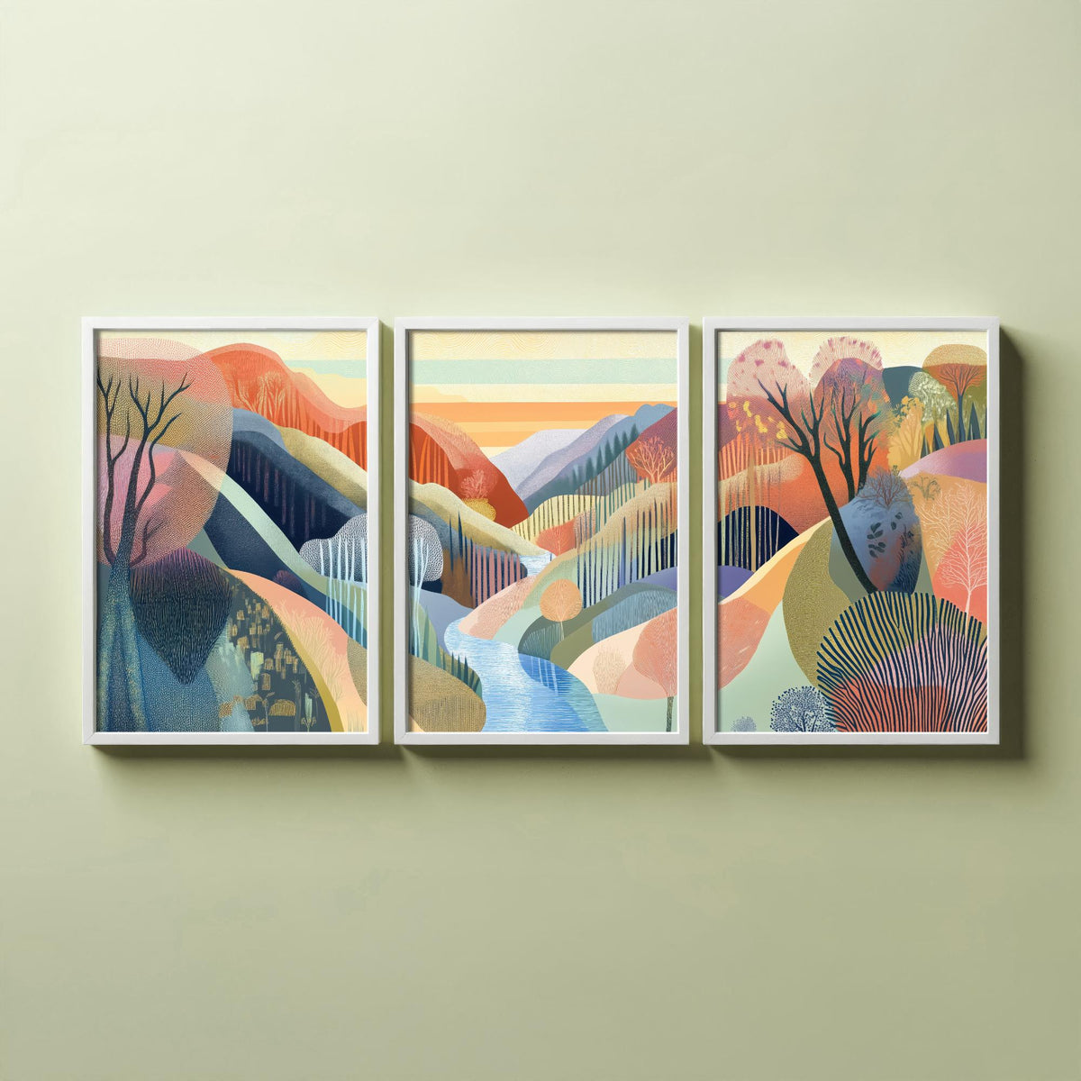 Graphic Landscape Set of Three Art Prints - 3 River Gorge Posters - Folk Art Sunset Painting Wall Art Gift Mountain Nature V5