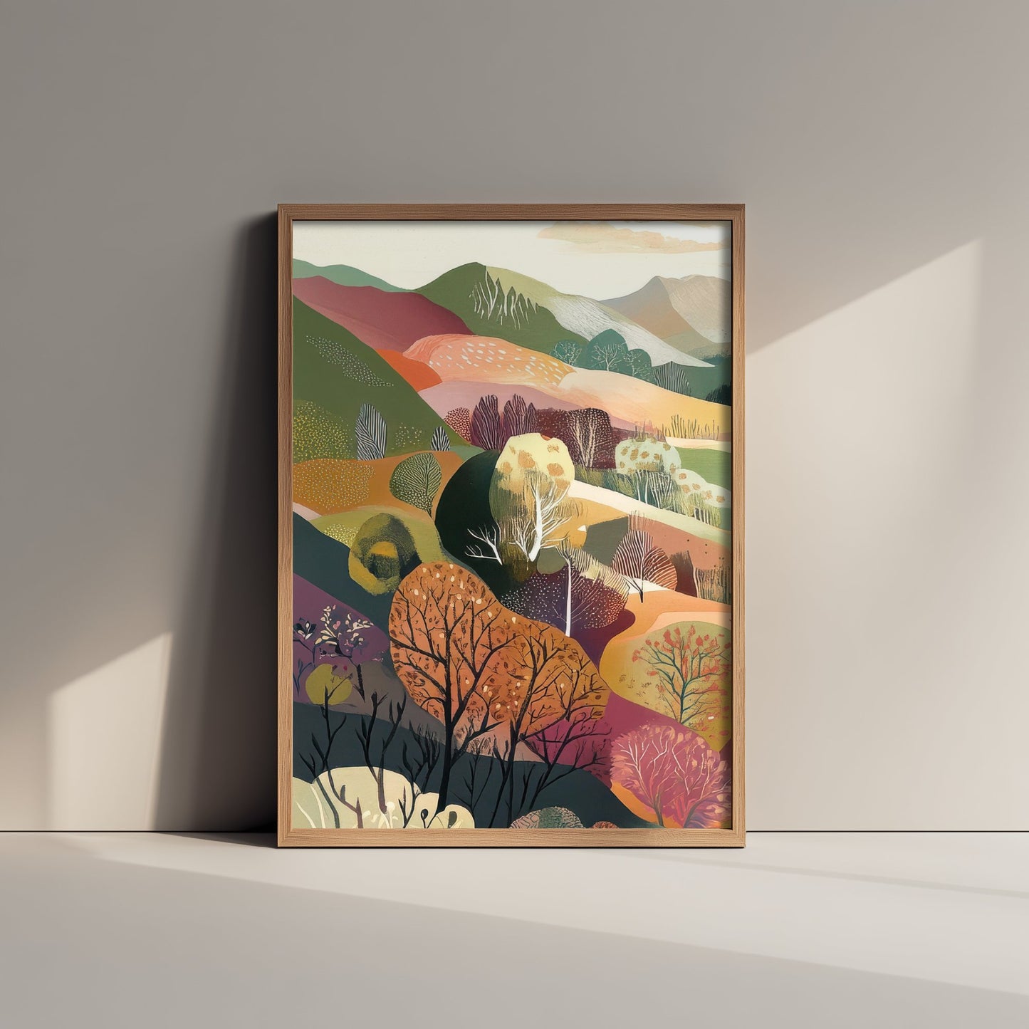 Graphic Landscape Art Print - Mountain Valley Poster - Folk Countryside Illustration - Snowy Peak River V6 1/3