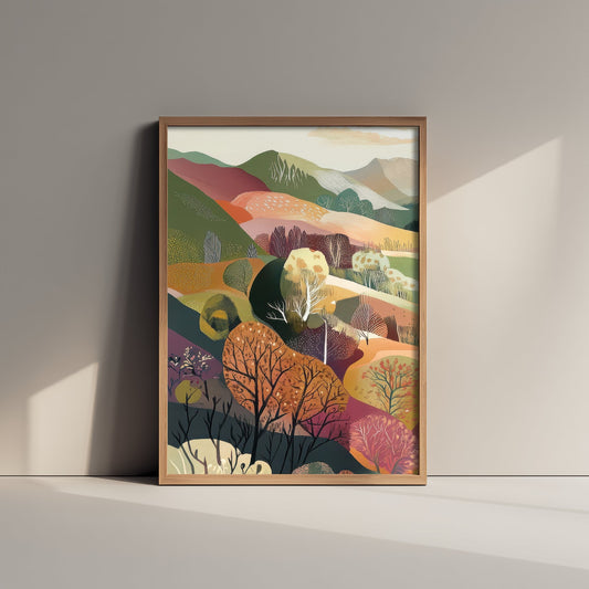 Graphic Landscape Art Print - Mountain Valley Poster - Folk Countryside Illustration - Snowy Peak River V6 1/3