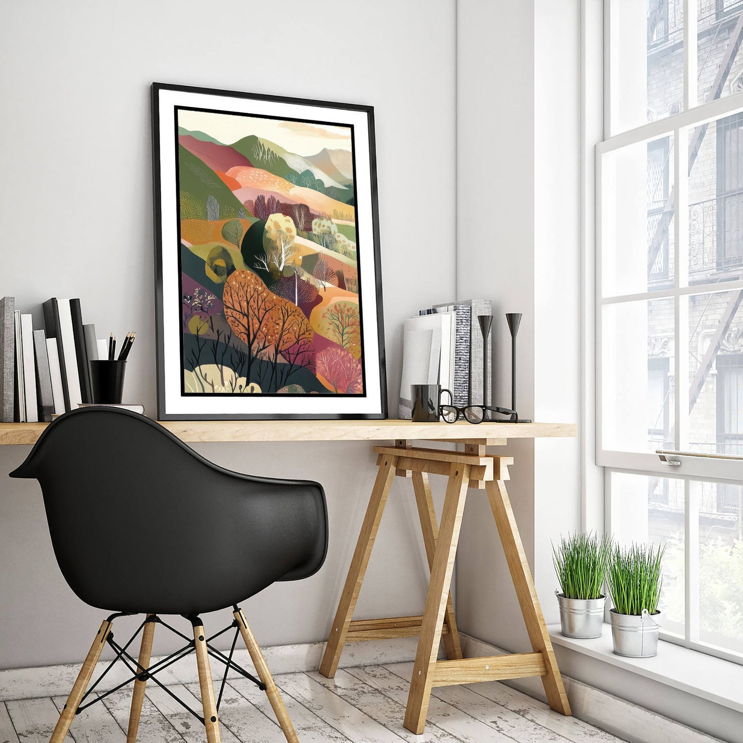 Graphic Landscape Art Print - Mountain Valley Poster - Folk Countryside Illustration - Snowy Peak River V6 1/3