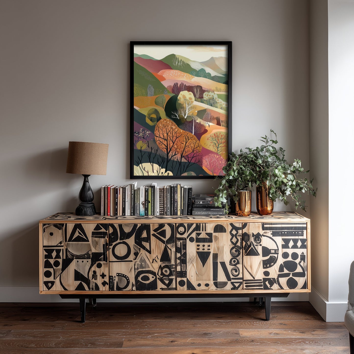 Graphic Landscape Art Print - Mountain Valley Poster - Folk Countryside Illustration - Snowy Peak River V6 1/3