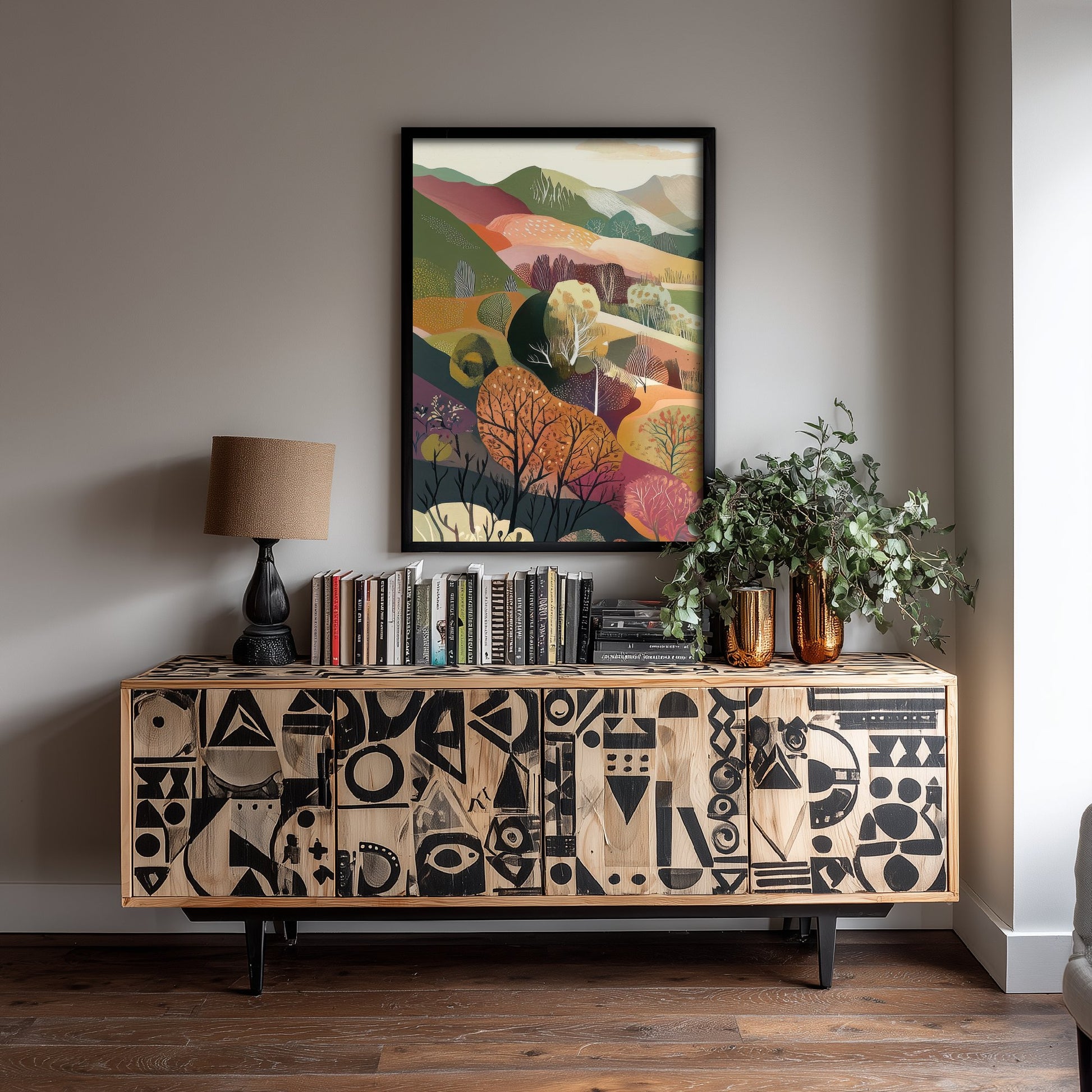 Graphic Landscape Art Print - Mountain Valley Poster - Folk Countryside Illustration - Snowy Peak River V6 1/3