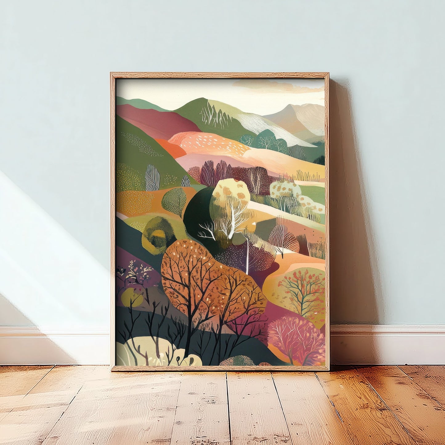 Graphic Landscape Art Print - Mountain Valley Poster - Folk Countryside Illustration - Snowy Peak River V6 1/3
