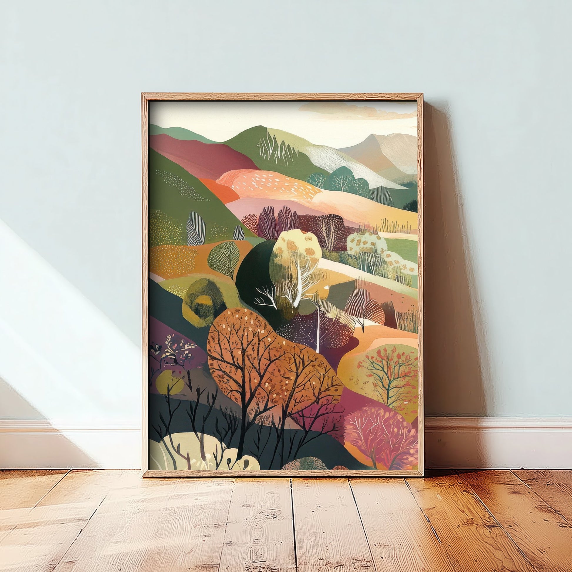 Graphic Landscape Art Print - Mountain Valley Poster - Folk Countryside Illustration - Snowy Peak River V6 1/3
