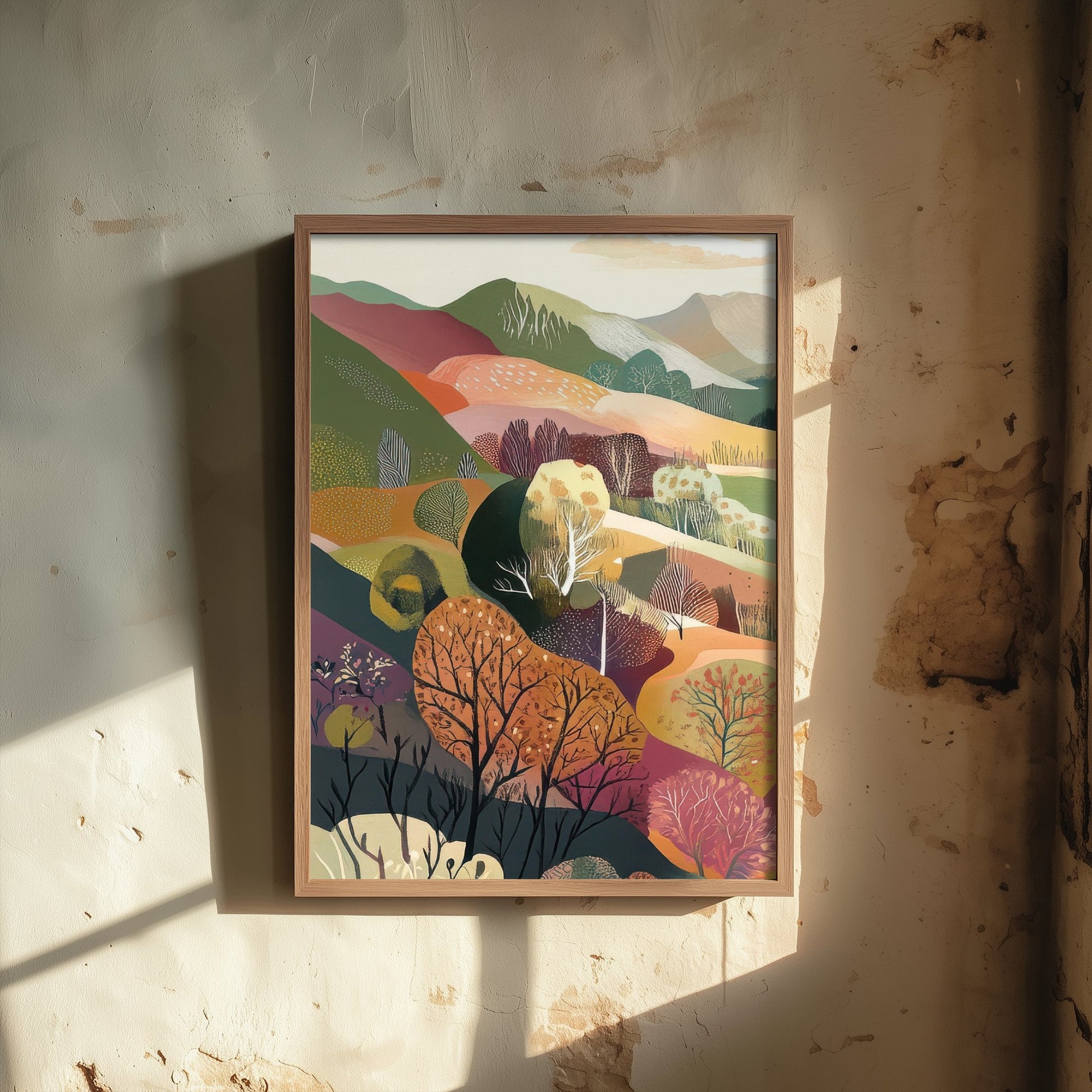 Graphic Landscape Art Print - Mountain Valley Poster - Folk Countryside Illustration - Snowy Peak River V6 1/3