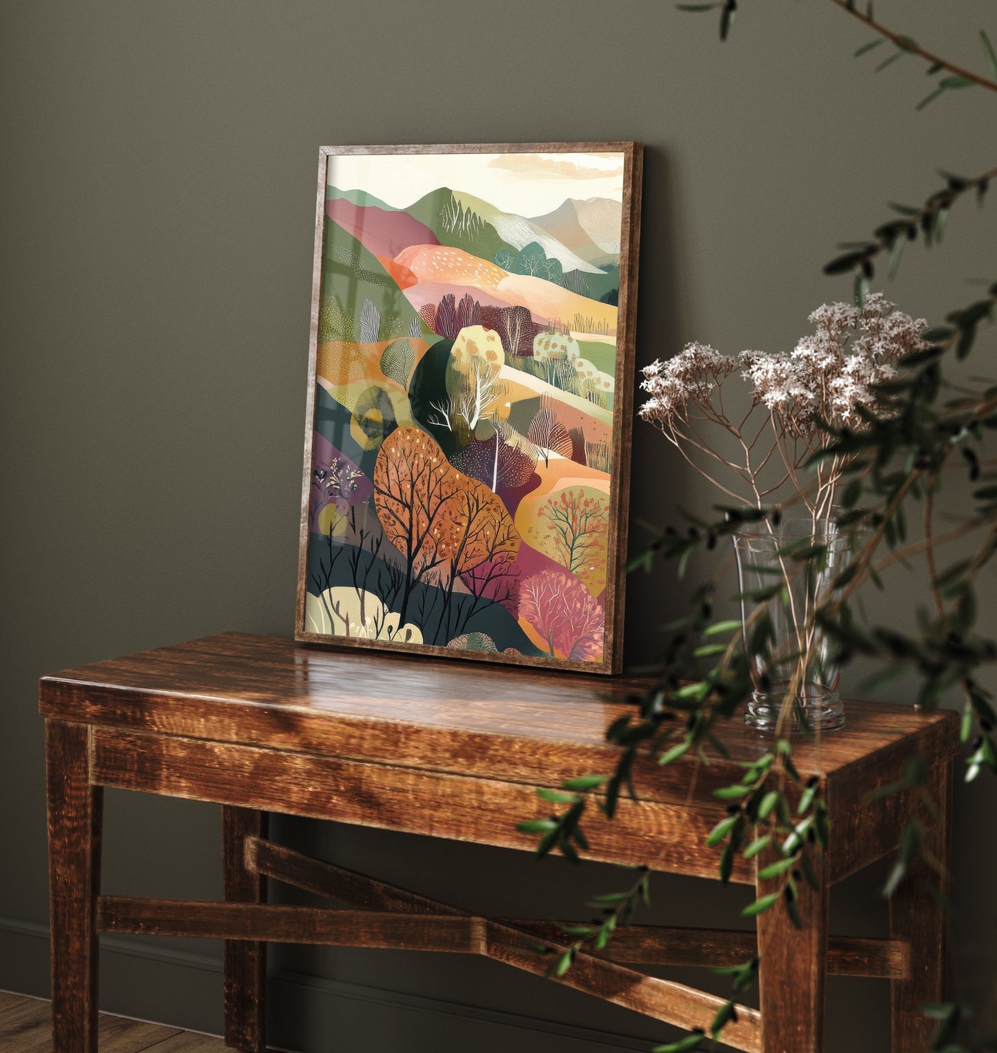 Graphic Landscape Art Print - Mountain Valley Poster - Folk Countryside Illustration - Snowy Peak River V6 1/3