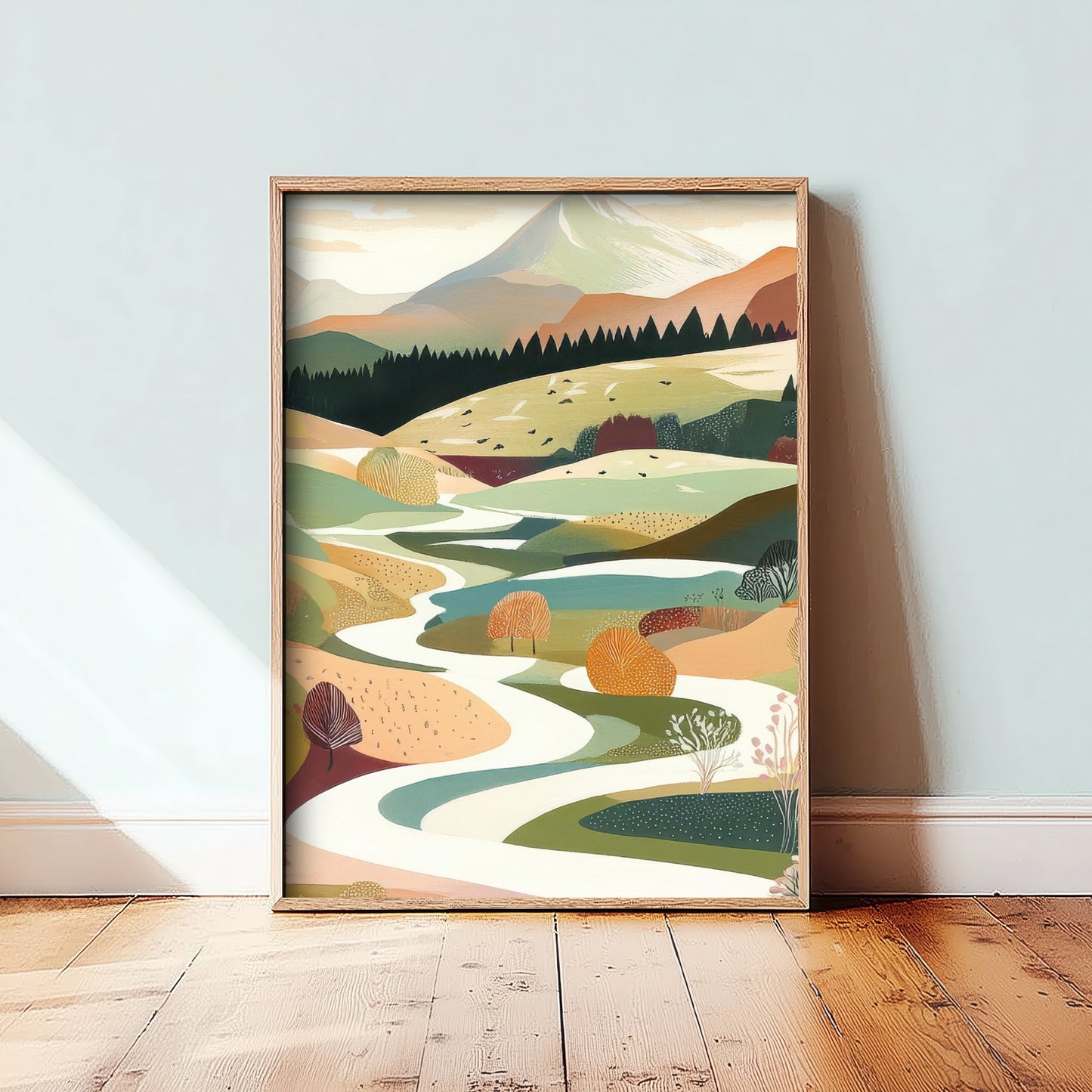 Graphic Landscape Art Print - Mountain Valley Poster - Folk Countryside Illustration - Winding River V6 2/3