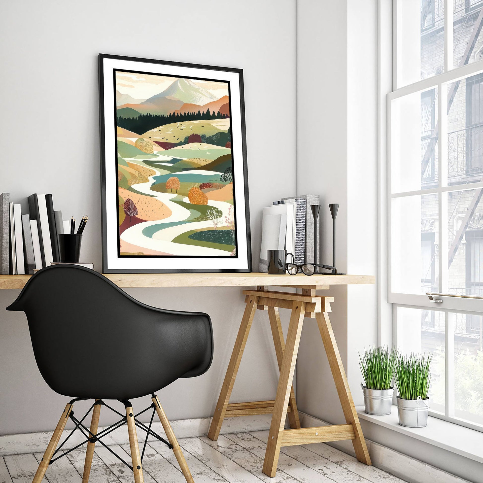 Graphic Landscape Art Print - Mountain Valley Poster - Folk Countryside Illustration - Winding River V6 2/3