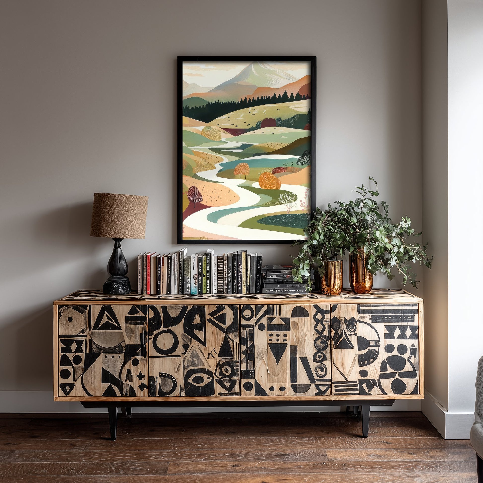 Graphic Landscape Art Print - Mountain Valley Poster - Folk Countryside Illustration - Winding River V6 2/3