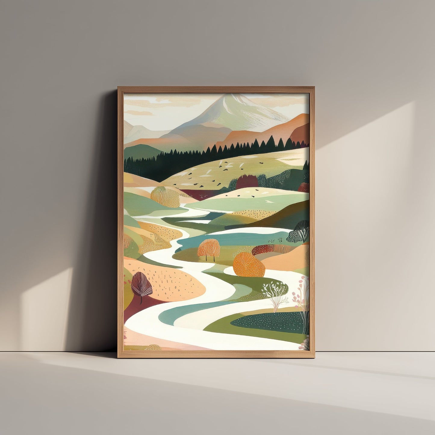 Graphic Landscape Art Print - Mountain Valley Poster - Folk Countryside Illustration - Winding River V6 2/3