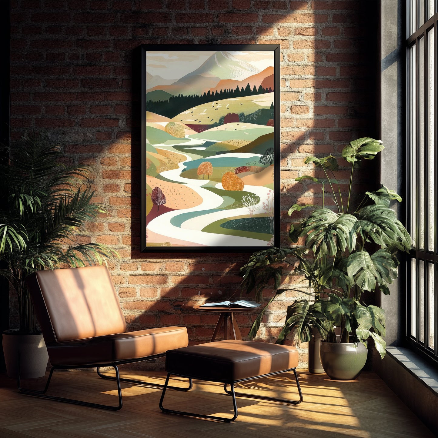 Graphic Landscape Art Print - Mountain Valley Poster - Folk Countryside Illustration - Winding River V6 2/3