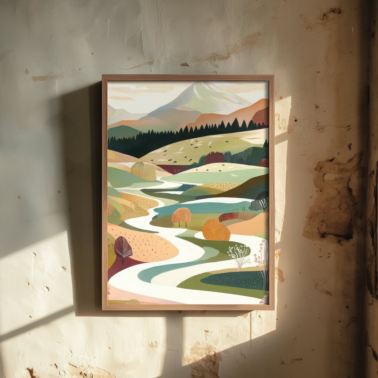 Graphic Landscape Art Print - Mountain Valley Poster - Folk Countryside Illustration - Winding River V6 2/3