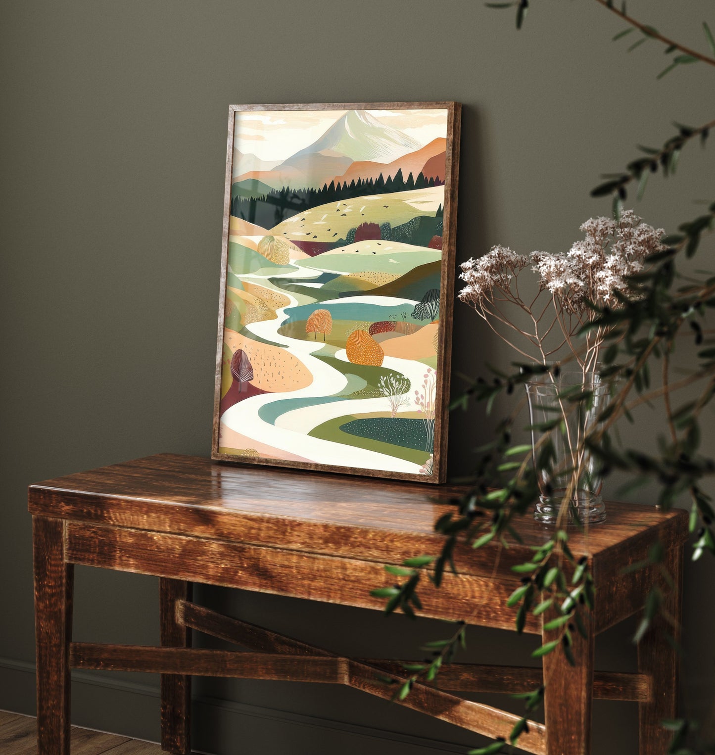 Graphic Landscape Art Print - Mountain Valley Poster - Folk Countryside Illustration - Winding River V6 2/3