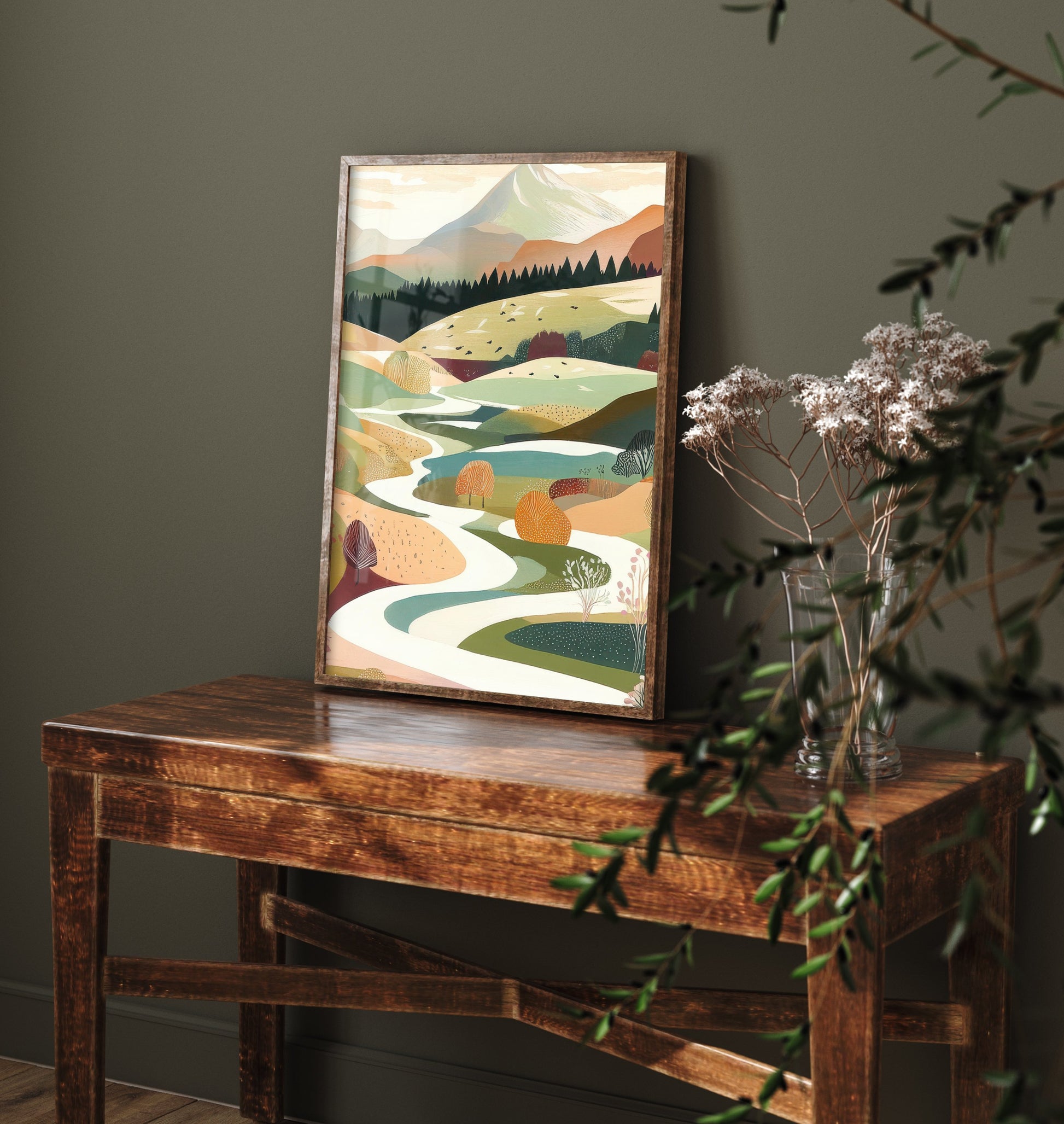 Graphic Landscape Art Print - Mountain Valley Poster - Folk Countryside Illustration - Winding River V6 2/3