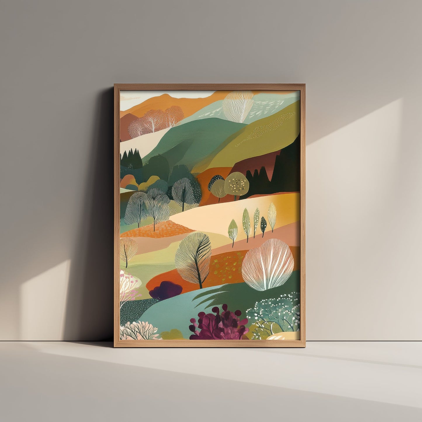 Graphic Landscape Art Print - Mountain Valley Poster - Folk Countryside Illustration - Autumn Hills V6 3/3