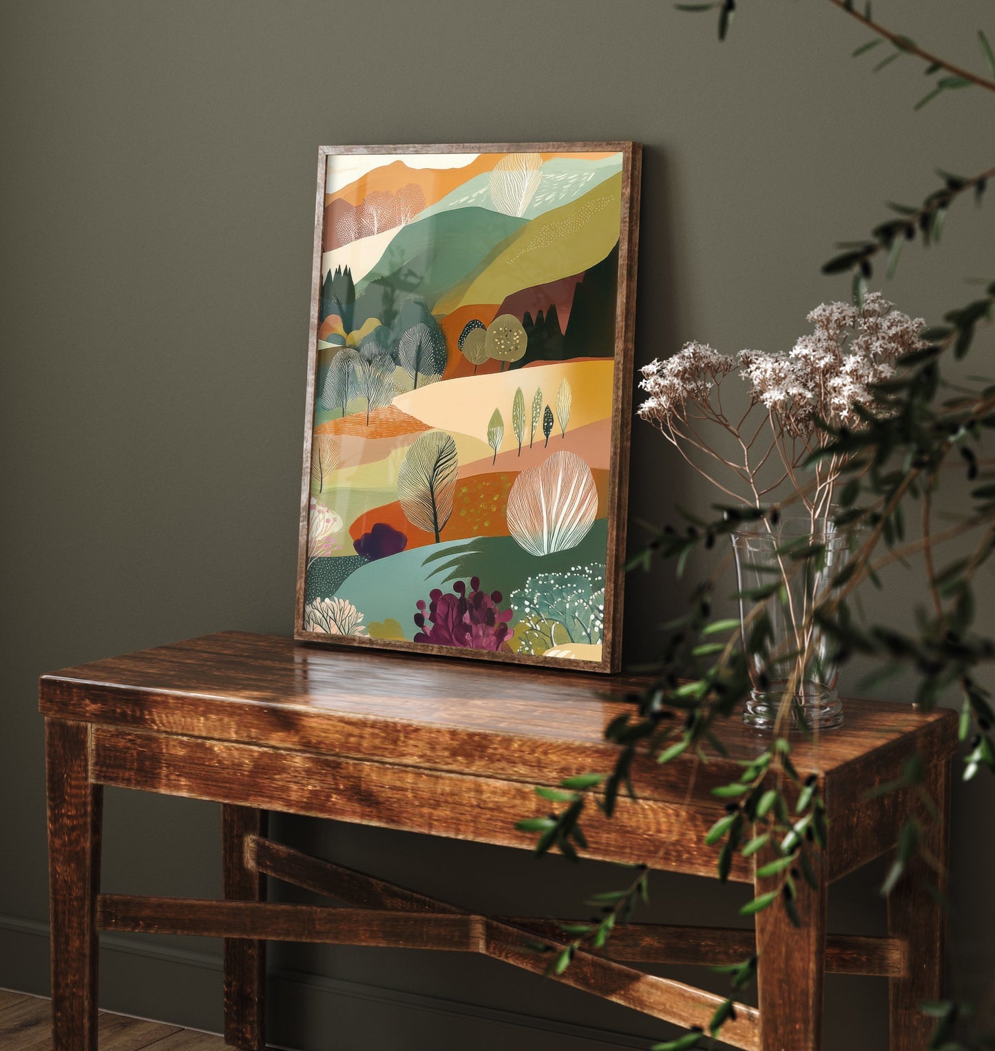 Graphic Landscape Art Print - Mountain Valley Poster - Folk Countryside Illustration - Autumn Hills V6 3/3