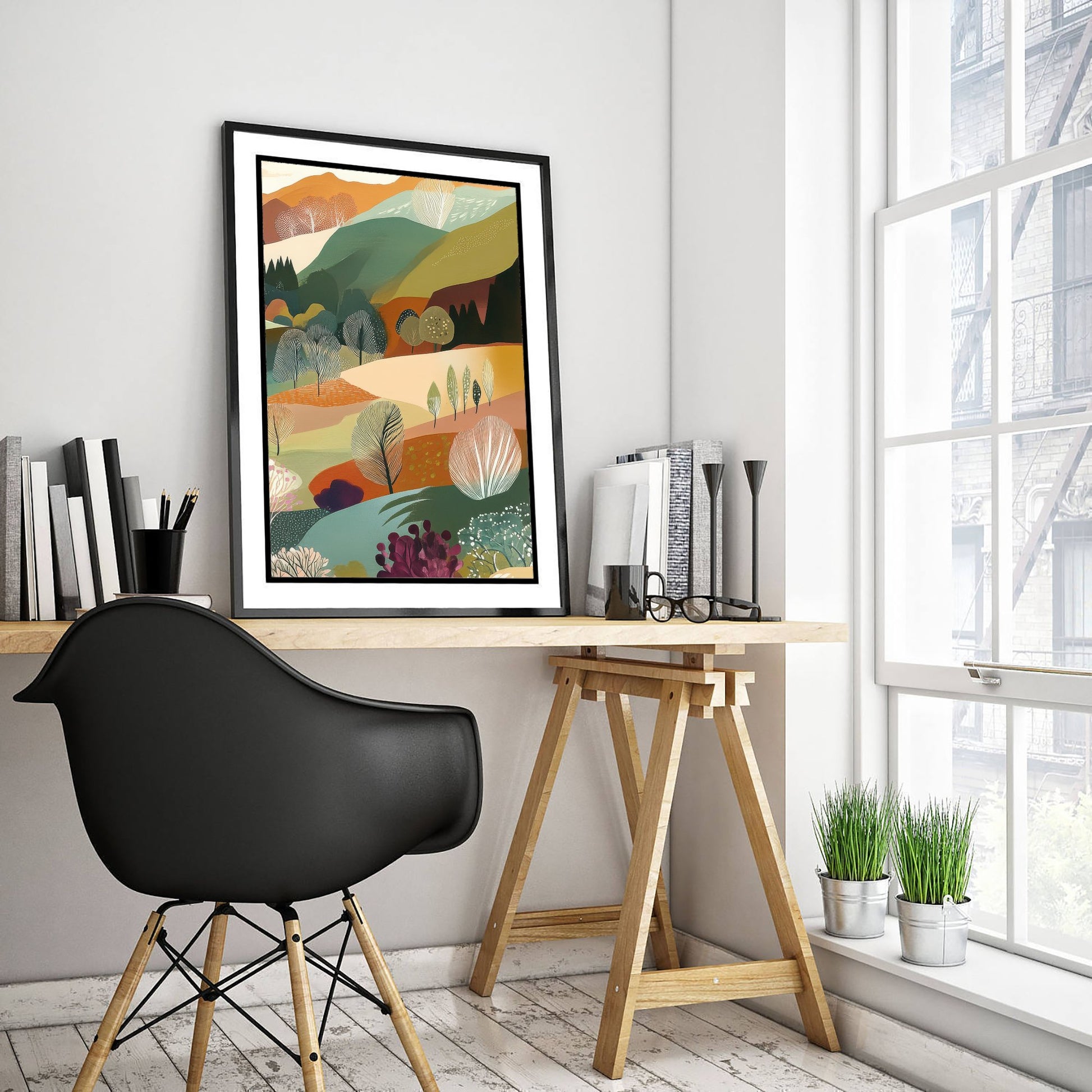 Graphic Landscape Art Print - Mountain Valley Poster - Folk Countryside Illustration - Autumn Hills V6 3/3