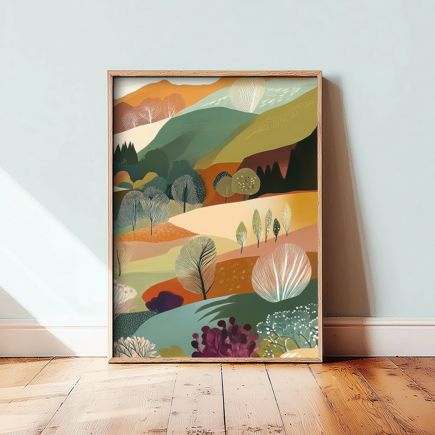 Graphic Landscape Art Print - Mountain Valley Poster - Folk Countryside Illustration - Autumn Hills V6 3/3