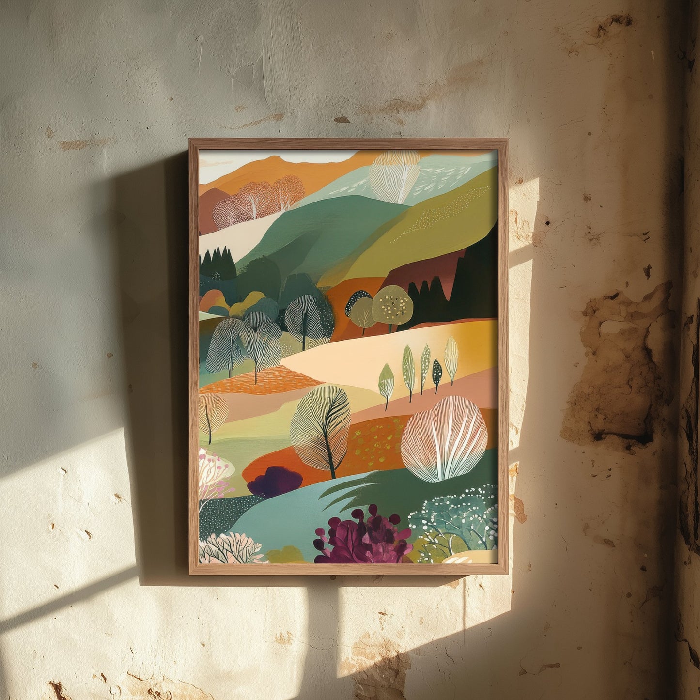 Graphic Landscape Art Print - Mountain Valley Poster - Folk Countryside Illustration - Autumn Hills V6 3/3