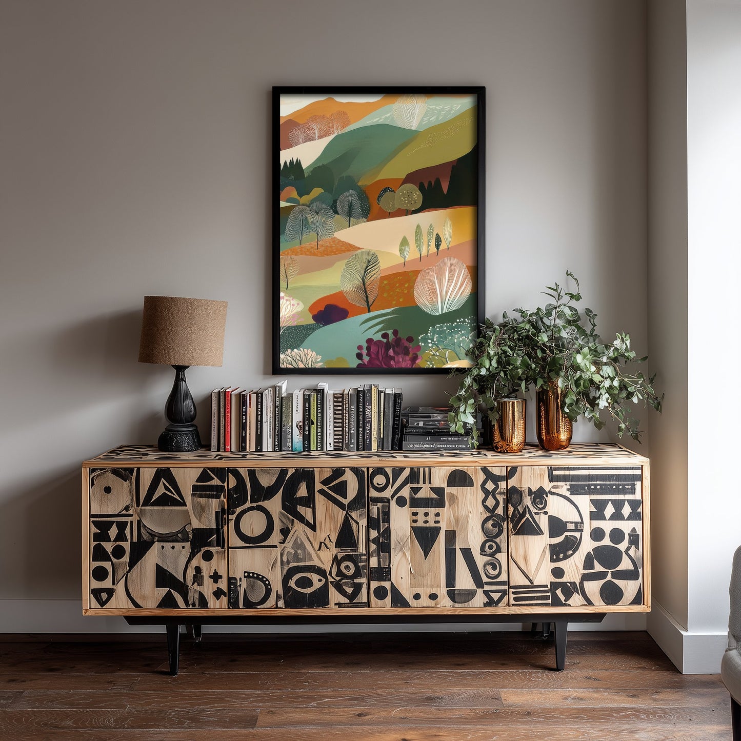 Graphic Landscape Art Print - Mountain Valley Poster - Folk Countryside Illustration - Autumn Hills V6 3/3