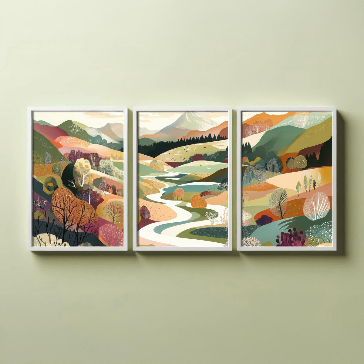 Graphic Landscape Set of Three Art Prints - 3 Mountain Meadow Posters - Folk Art River Painting Wall Art Gift Countryside V6