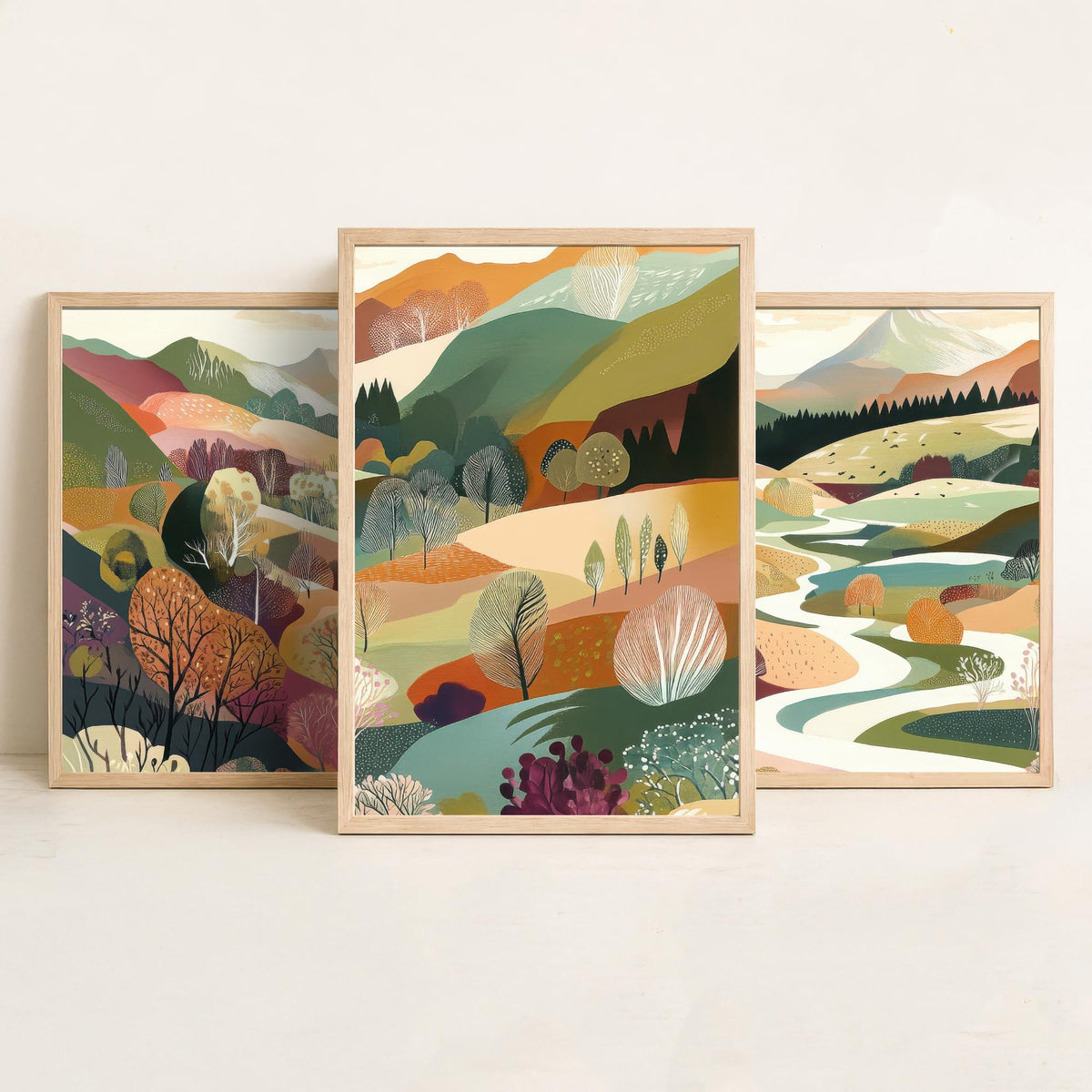 Graphic Landscape Set of Three Art Prints - 3 Mountain Meadow Posters - Folk Art River Painting Wall Art Gift Countryside V6