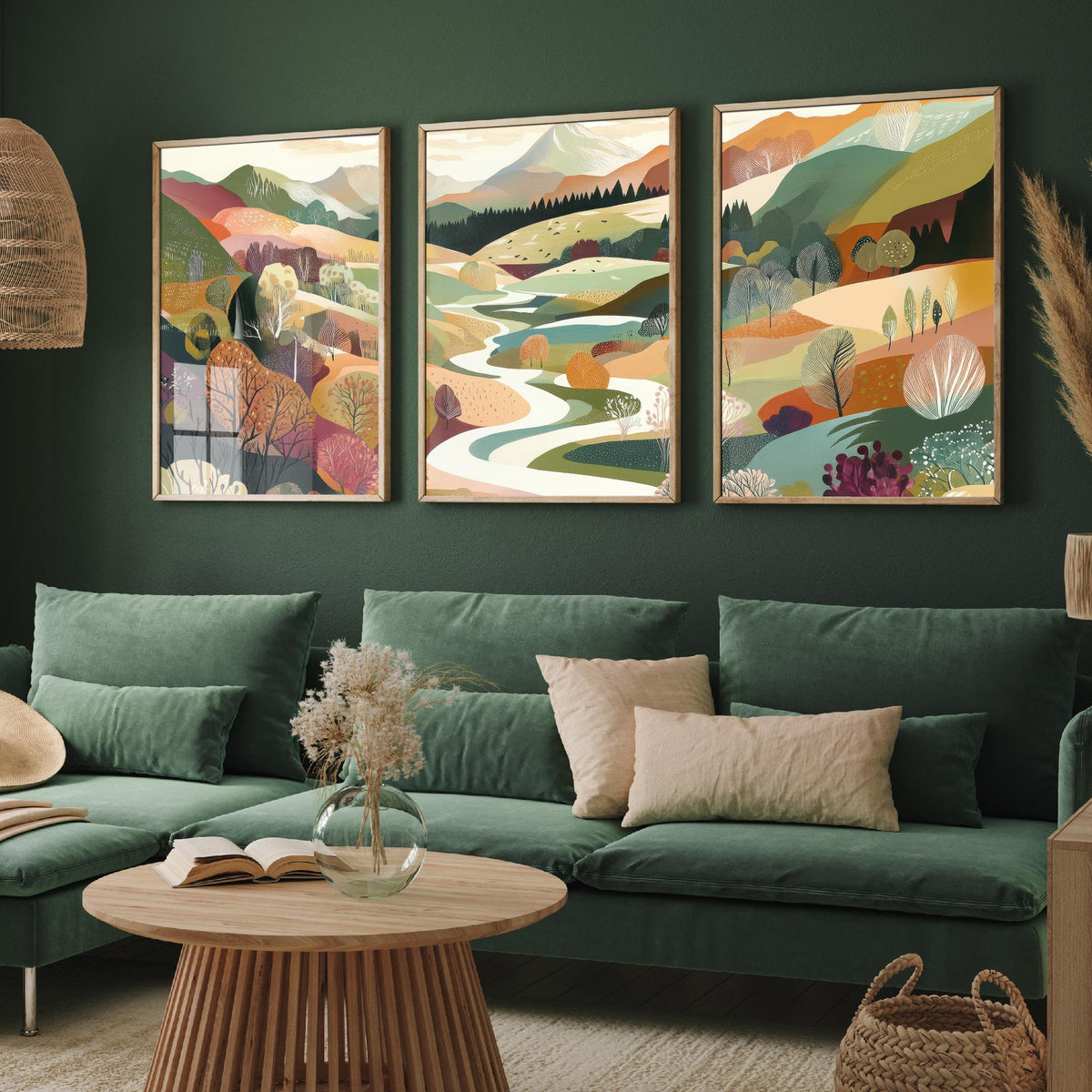 Graphic Landscape Set of Three Art Prints - 3 Mountain Meadow Posters - Folk Art River Painting Wall Art Gift Countryside V6