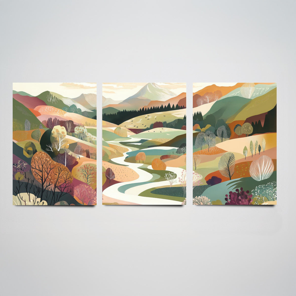 Graphic Landscape Set of Three Art Prints - 3 Mountain Meadow Posters - Folk Art River Painting Wall Art Gift Countryside V6