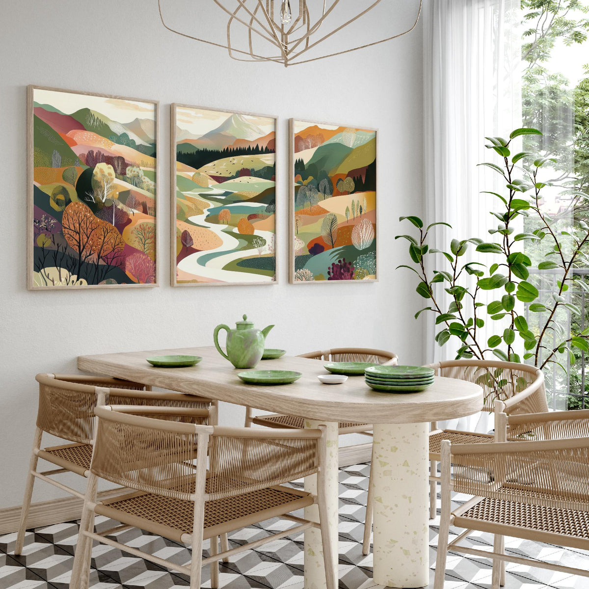 Graphic Landscape Set of Three Art Prints - 3 Mountain Meadow Posters - Folk Art River Painting Wall Art Gift Countryside V6