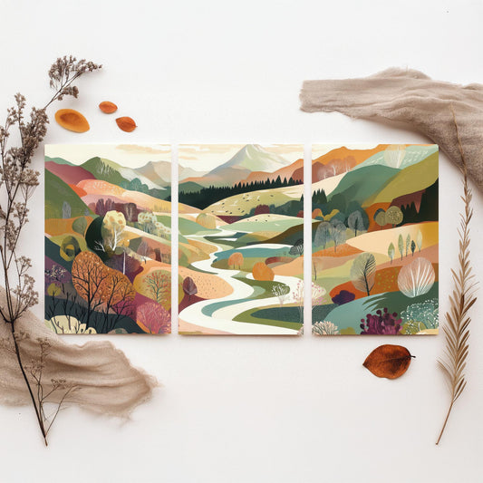 Graphic Landscape Set of Three Art Prints - 3 Mountain Meadow Posters - Folk Art River Painting Wall Art Gift Countryside V6