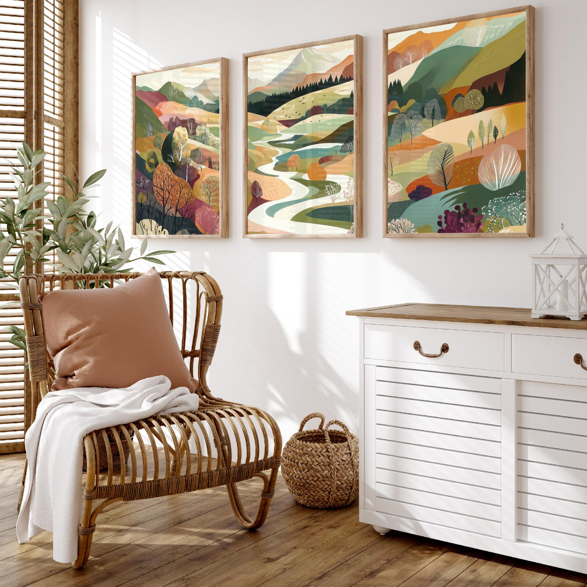 Graphic Landscape Set of Three Art Prints - 3 Mountain Meadow Posters - Folk Art River Painting Wall Art Gift Countryside V6