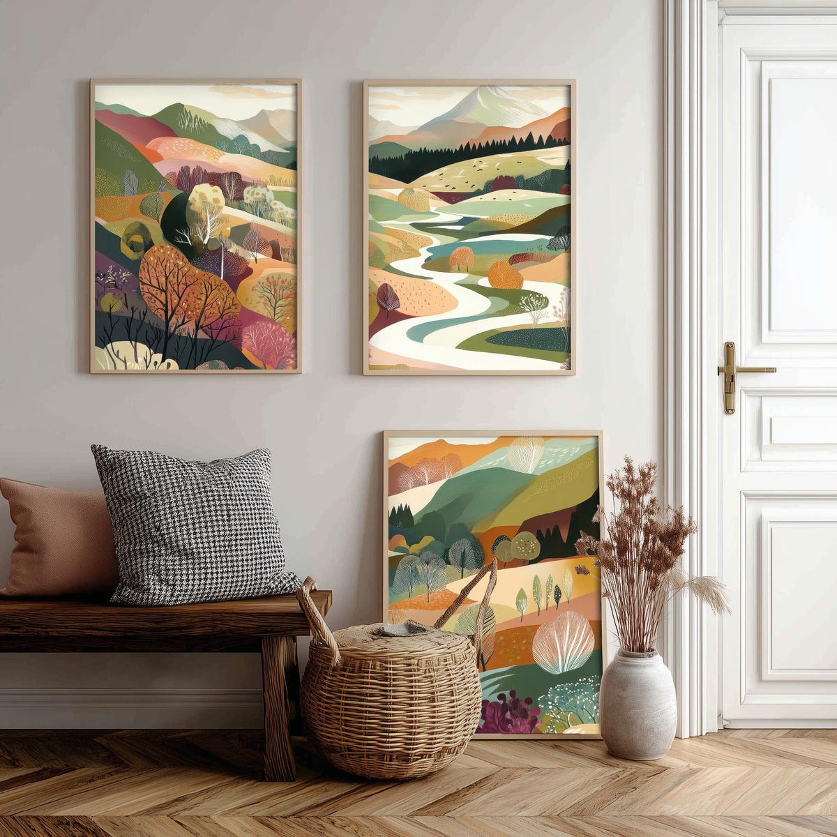 Graphic Landscape Set of Three Art Prints - 3 Mountain Meadow Posters - Folk Art River Painting Wall Art Gift Countryside V6