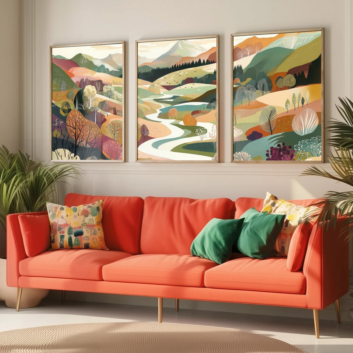 Graphic Landscape Set of Three Art Prints - 3 Mountain Meadow Posters - Folk Art River Painting Wall Art Gift Countryside V6