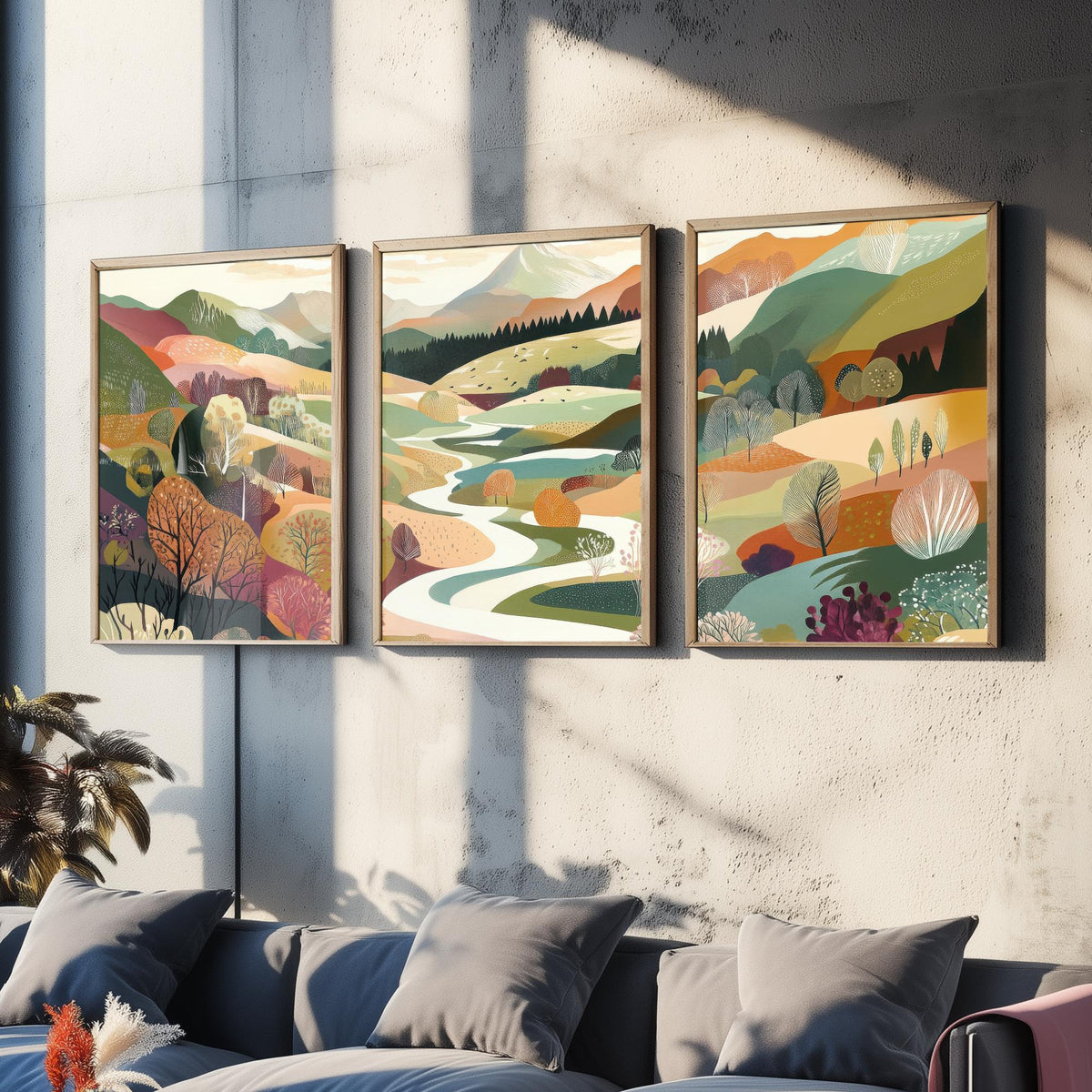 Graphic Landscape Set of Three Art Prints - 3 Mountain Meadow Posters - Folk Art River Painting Wall Art Gift Countryside V6