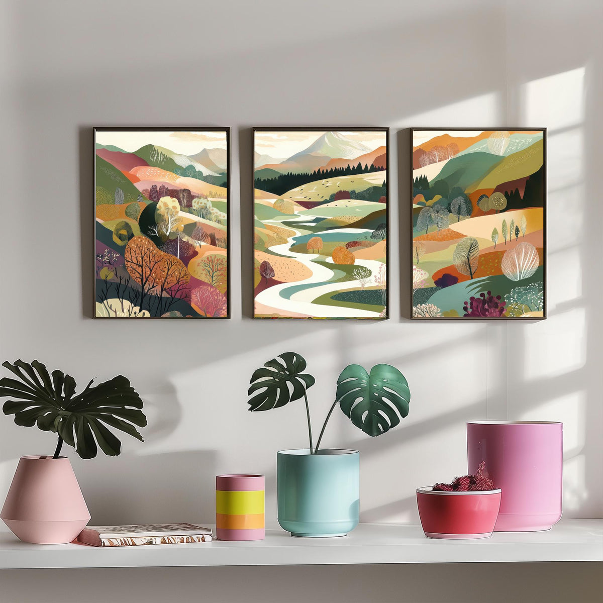 Graphic Landscape Set of Three Art Prints - 3 Mountain Meadow Posters - Folk Art River Painting Wall Art Gift Countryside V6