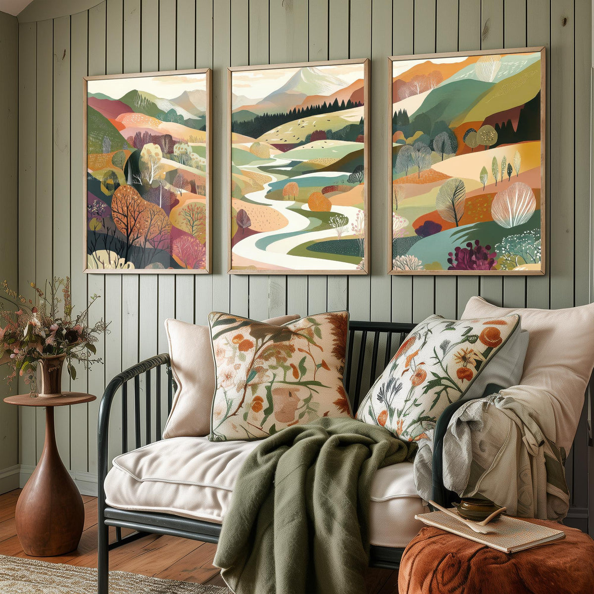 Graphic Landscape Set of Three Art Prints - 3 Mountain Meadow Posters - Folk Art River Painting Wall Art Gift Countryside V6