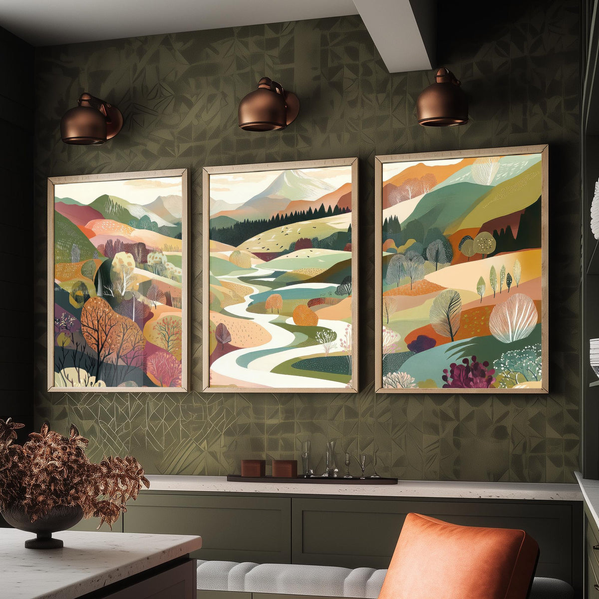 Graphic Landscape Set of Three Art Prints - 3 Mountain Meadow Posters - Folk Art River Painting Wall Art Gift Countryside V6