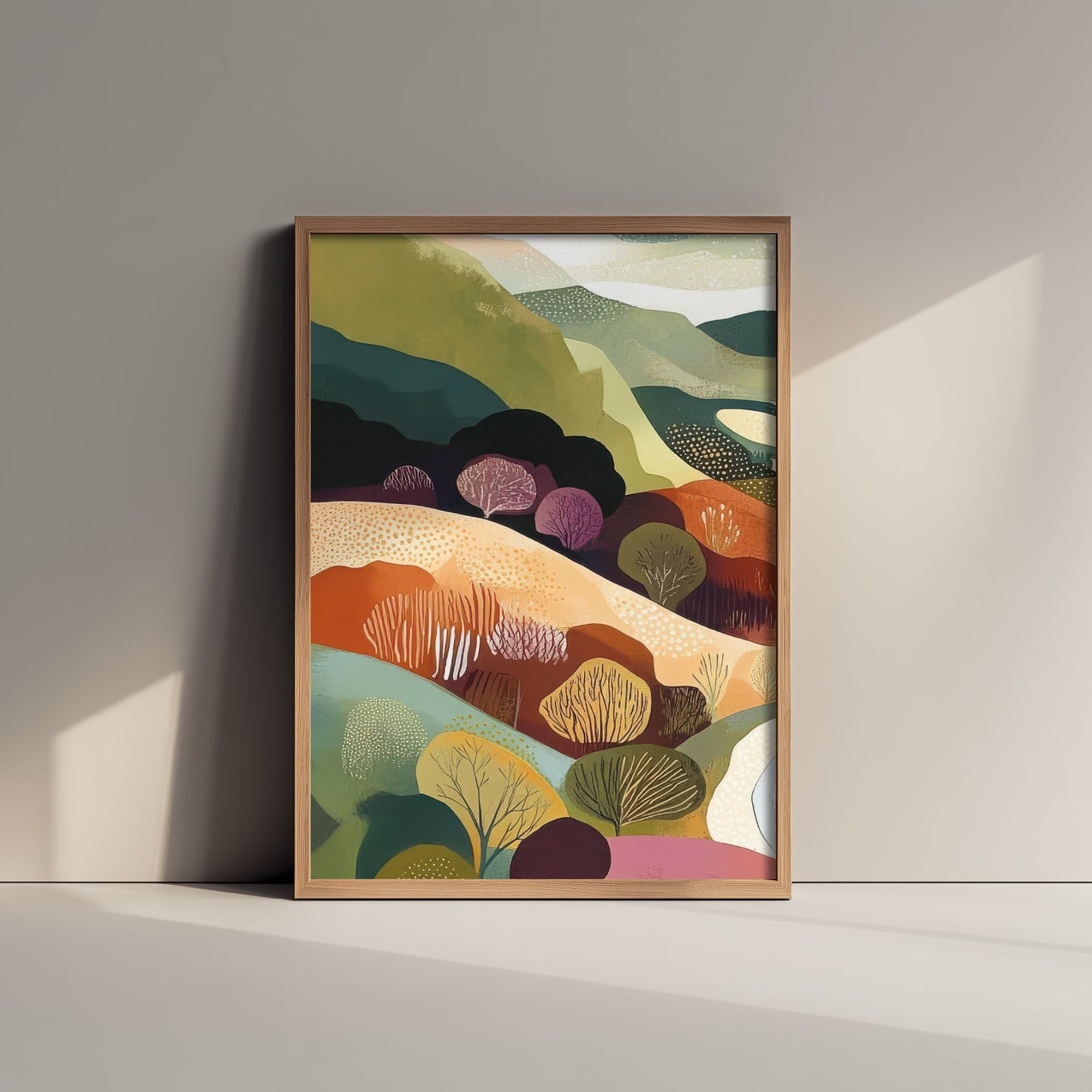 Graphic Landscape Art Print - Green Valley Poster - Folk Countryside Illustration - Plum Hills River V7 1/3