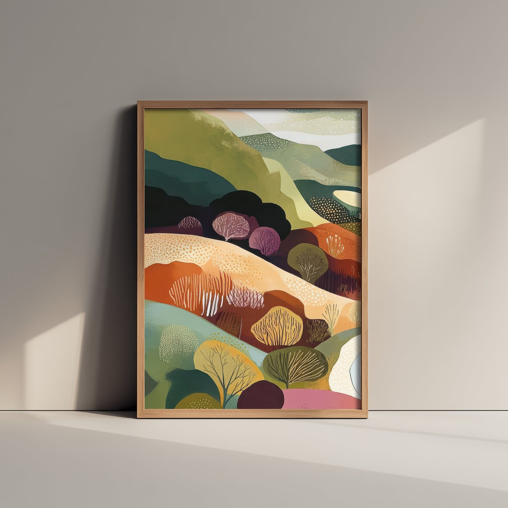Graphic Landscape Art Print - Green Valley Poster - Folk Countryside Illustration - Plum Hills River V7 1/3