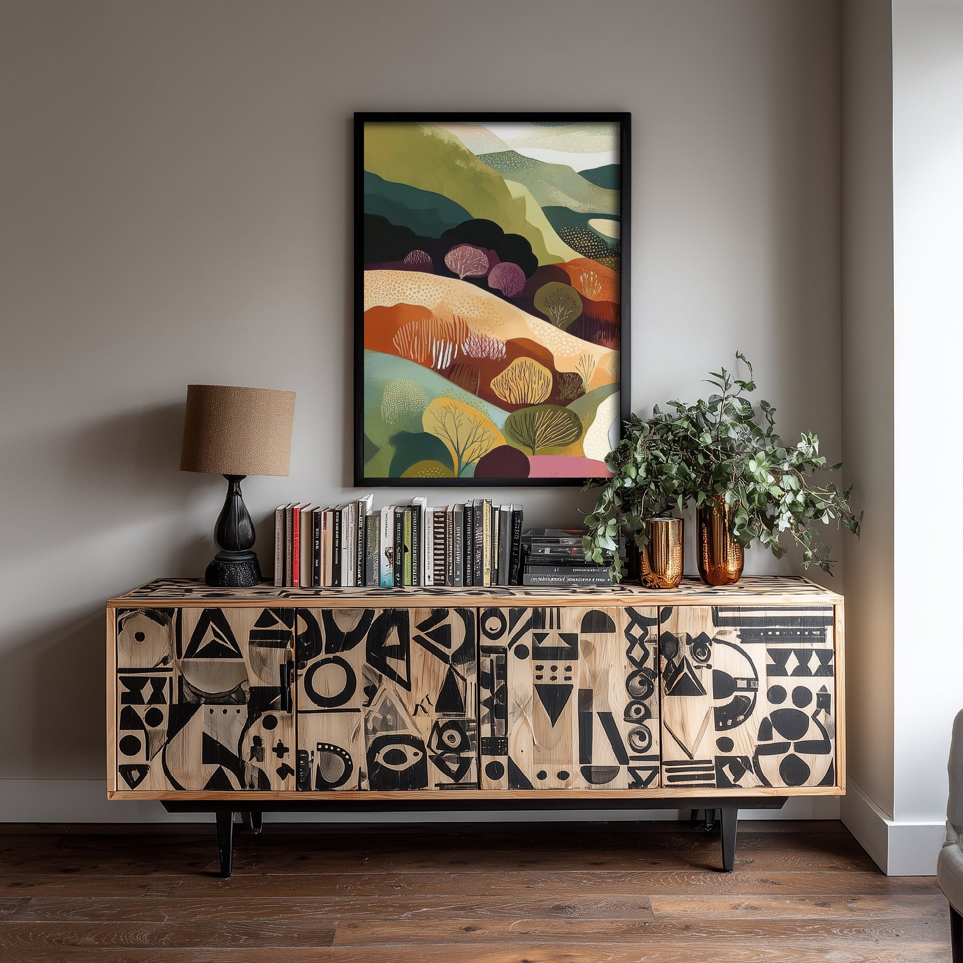 Graphic Landscape Art Print - Green Valley Poster - Folk Countryside Illustration - Plum Hills River V7 1/3