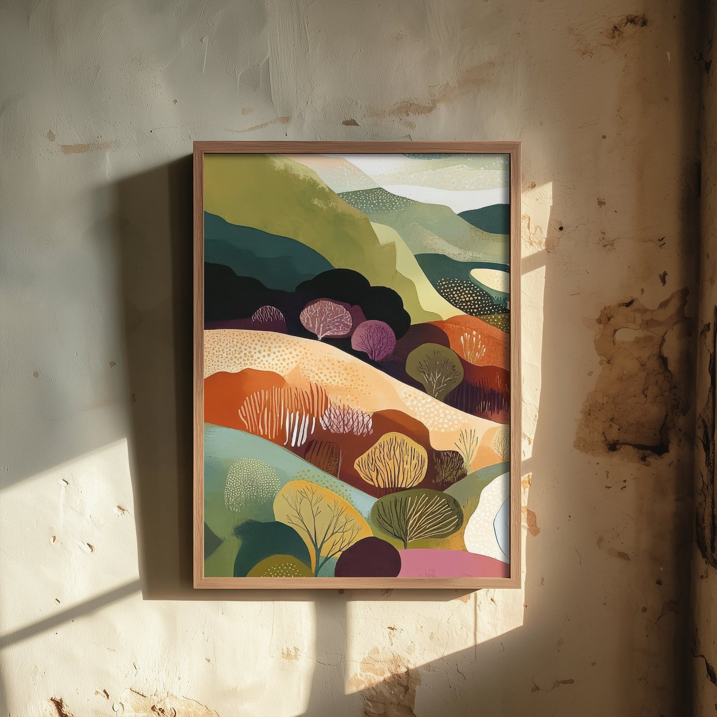 Graphic Landscape Art Print - Green Valley Poster - Folk Countryside Illustration - Plum Hills River V7 1/3