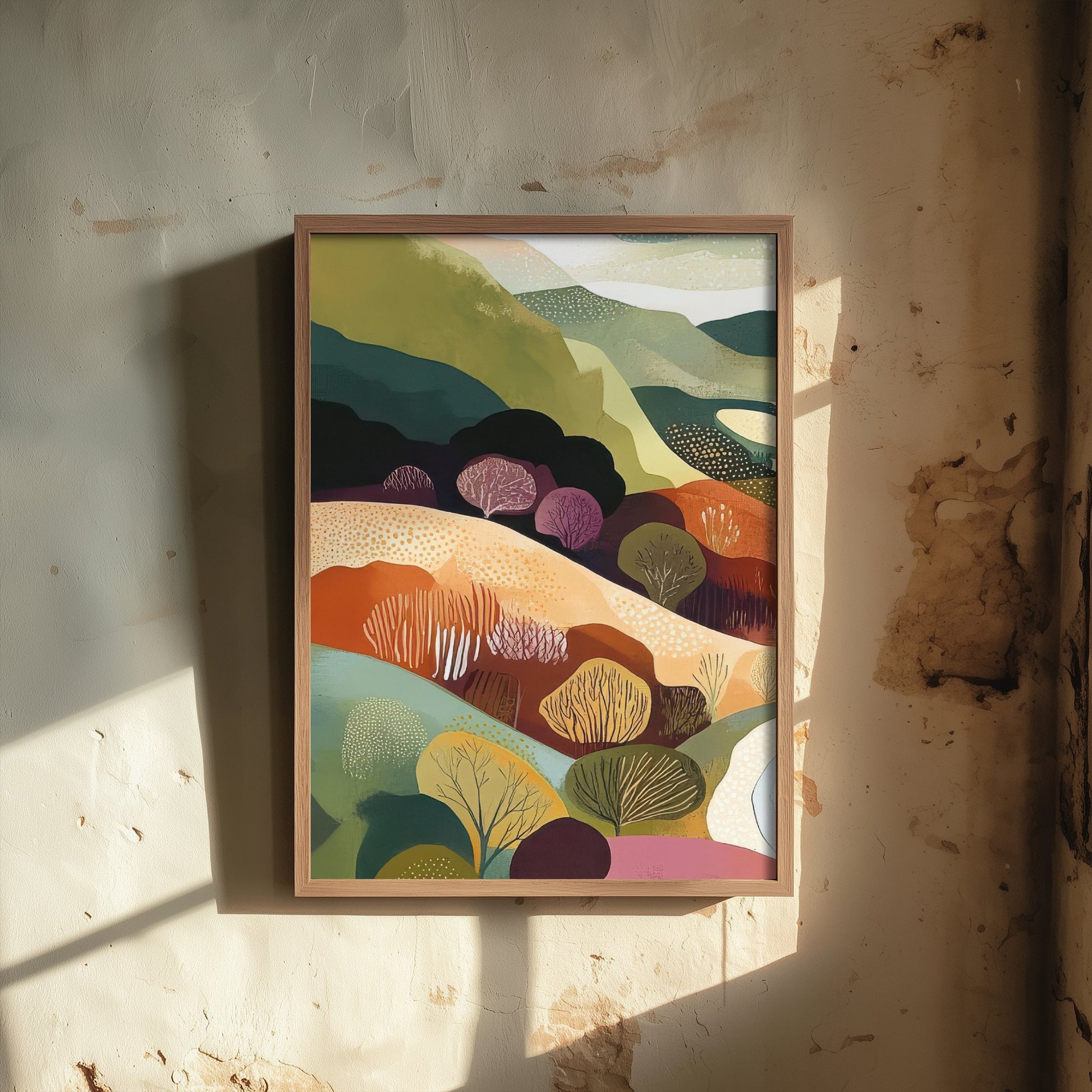 Graphic Landscape Art Print - Green Valley Poster - Folk Countryside Illustration - Plum Hills River V7 1/3