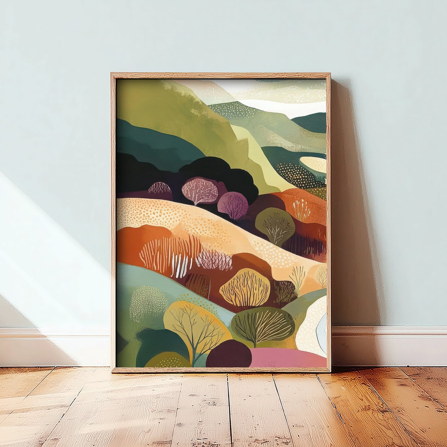 Graphic Landscape Art Print - Green Valley Poster - Folk Countryside Illustration - Plum Hills River V7 1/3