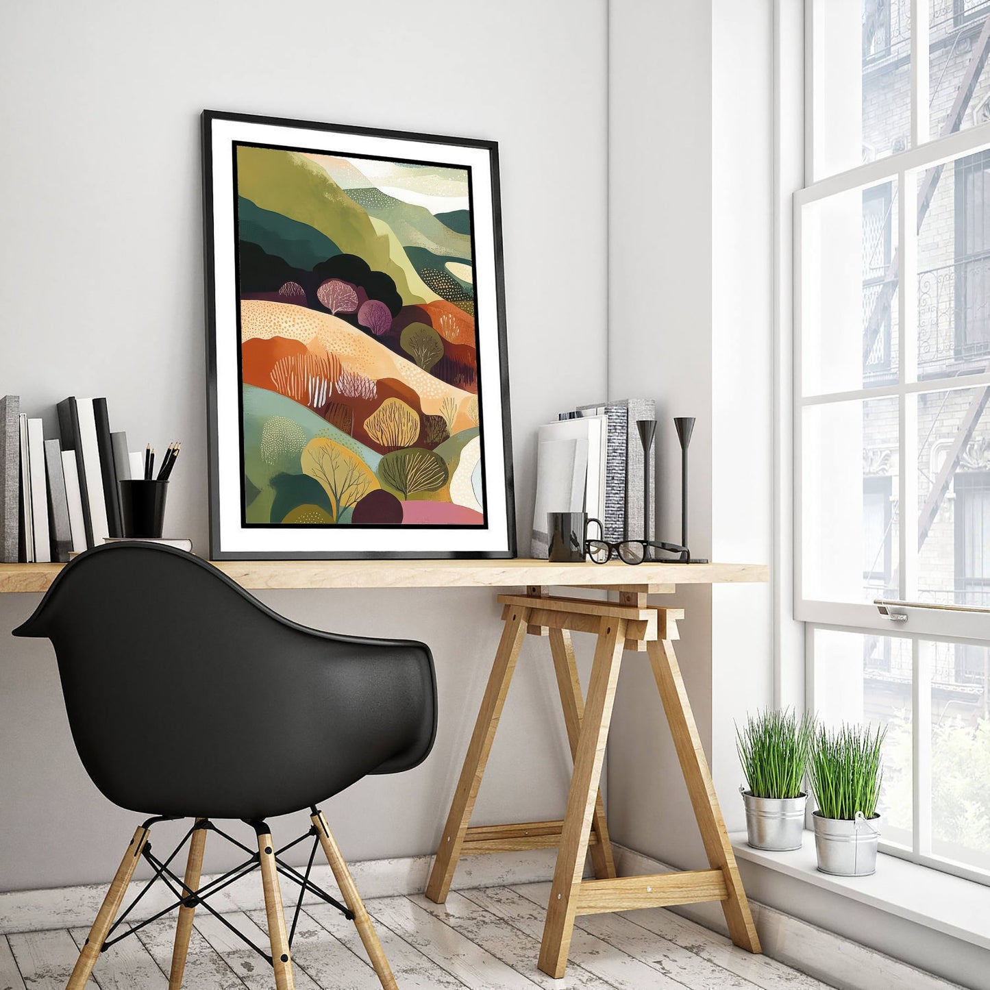 Graphic Landscape Art Print - Green Valley Poster - Folk Countryside Illustration - Plum Hills River V7 1/3