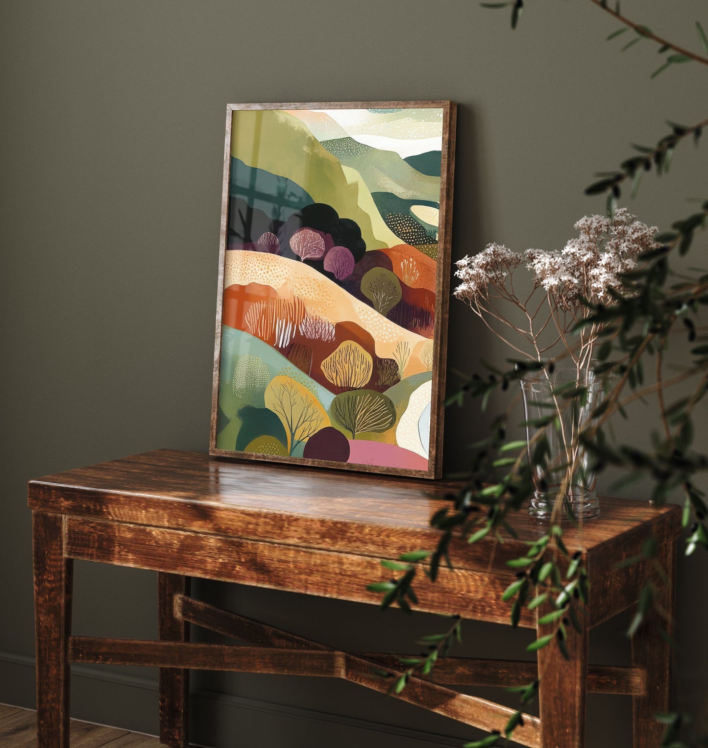 Graphic Landscape Art Print - Green Valley Poster - Folk Countryside Illustration - Plum Hills River V7 1/3
