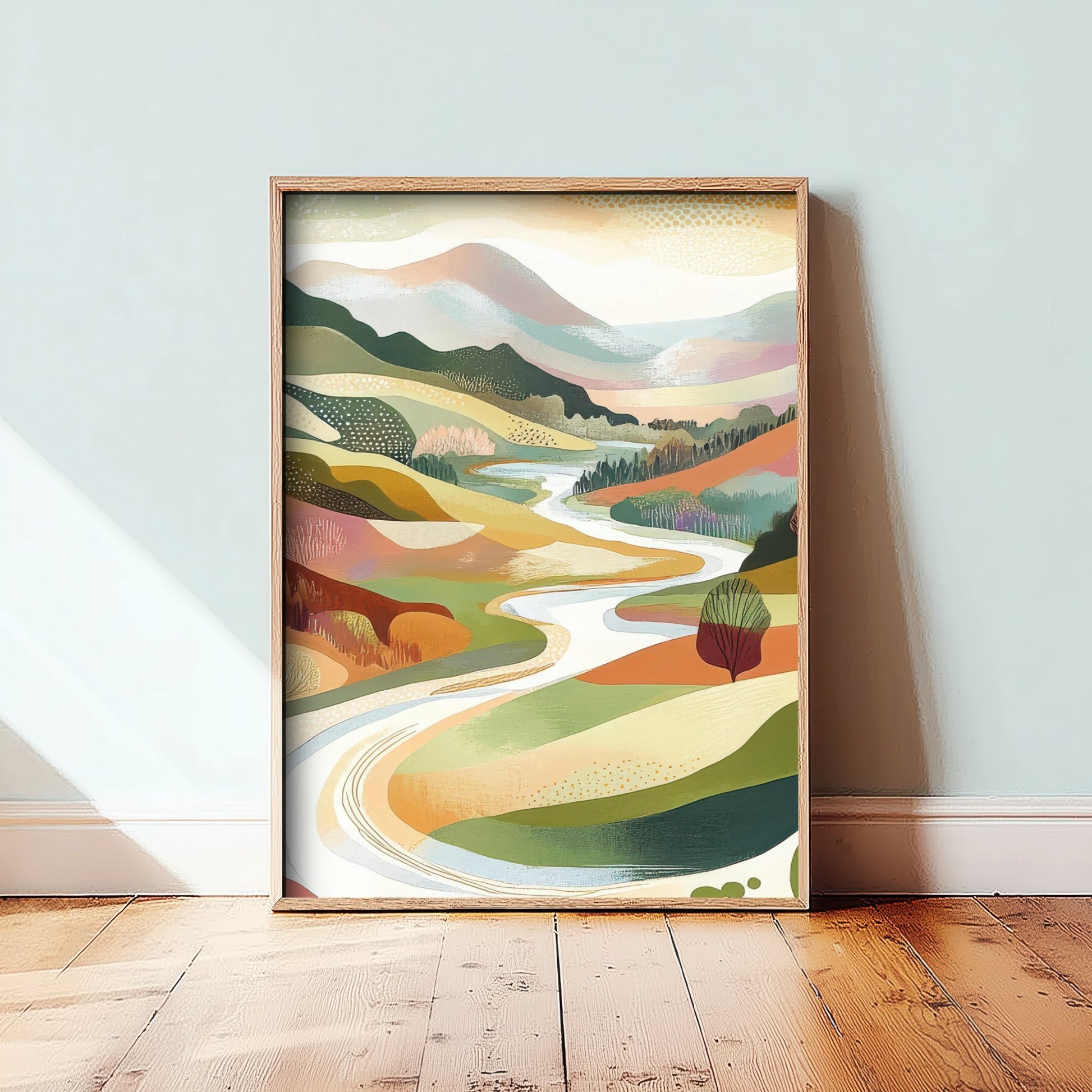 Graphic Landscape Art Print - Green Valley Poster - Folk Countryside Illustration - Riverside Valley V7 2/3