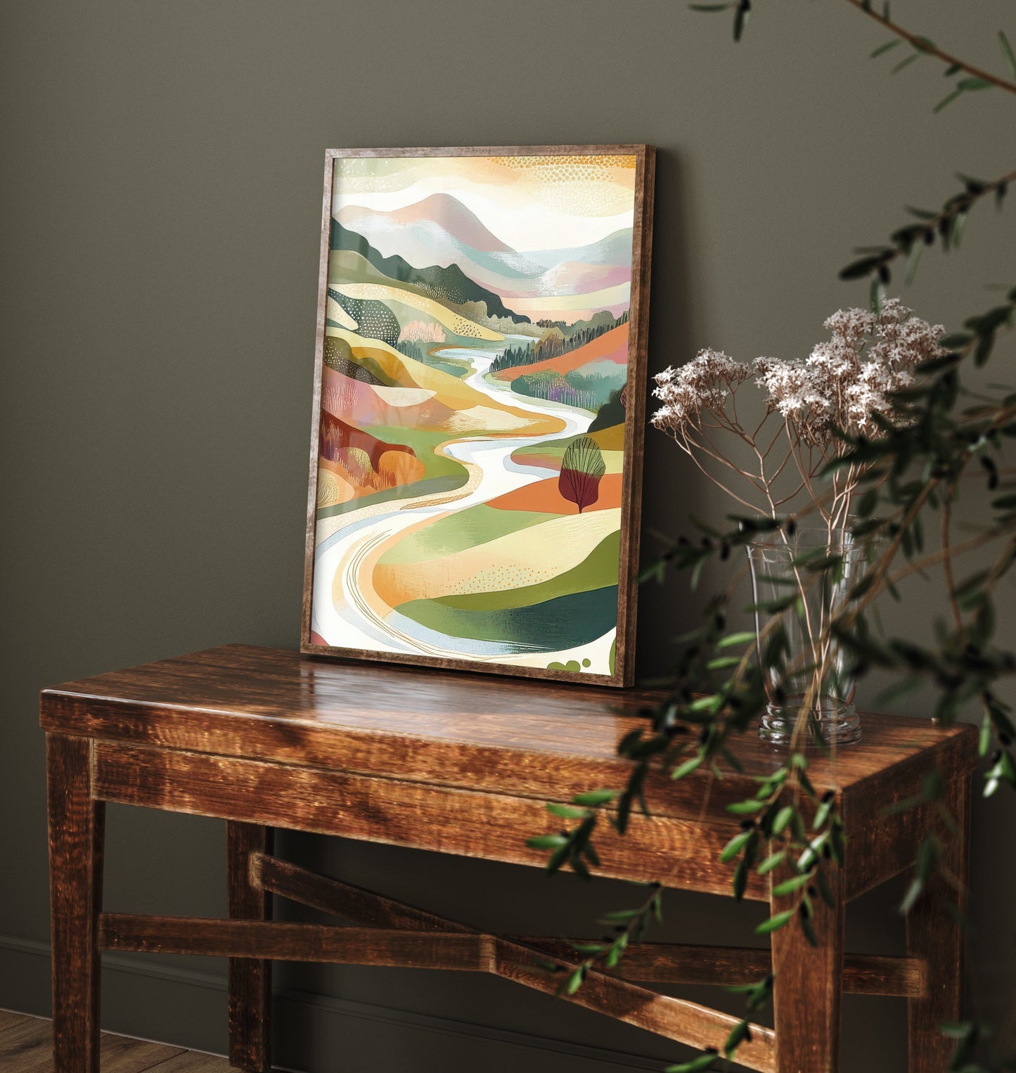 Graphic Landscape Art Print - Green Valley Poster - Folk Countryside Illustration - Riverside Valley V7 2/3